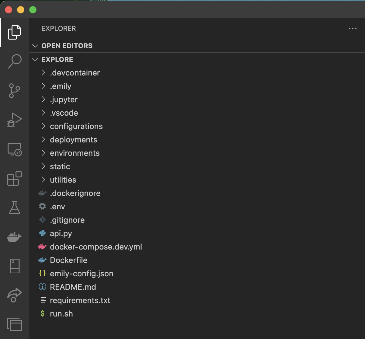 The Notebook file explorer after generating an API project with Emily