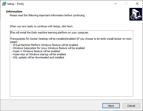 The Emily Windows installer, step 1